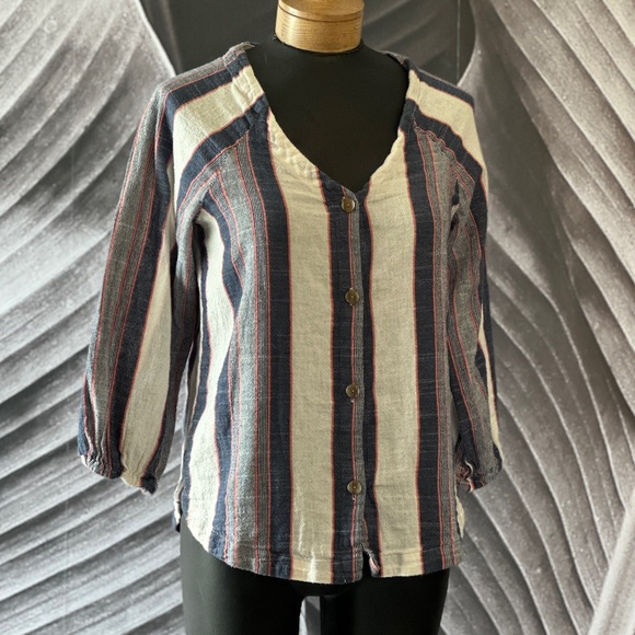 Anthropologie Cloth & Stone Top M Striped Denim Nubby Cotton Button Front - Picture 3 of 14